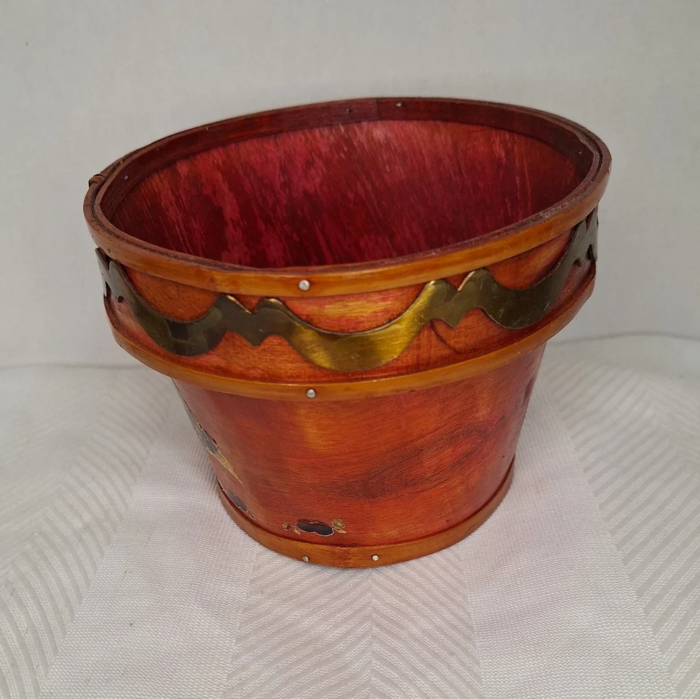 Fruit-Themed Decorative Wooden Basket w Brass Accent.